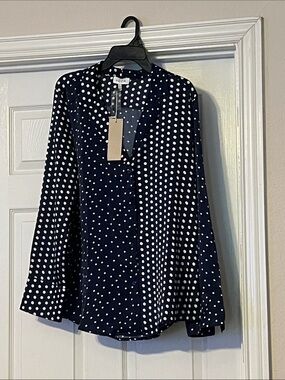 Navy and White Polka Dot Button-Down Blouse
